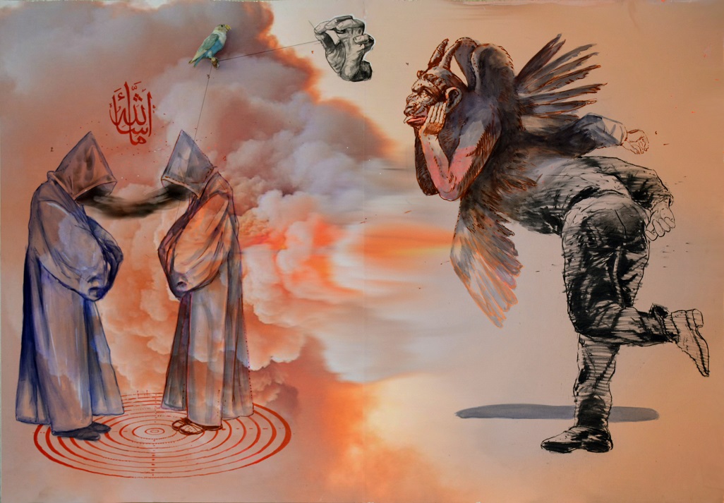 Noyée dans la poussière de la lumière- technique mixte et taxidermie sur papier maroflé sur bois -114x162 -2019