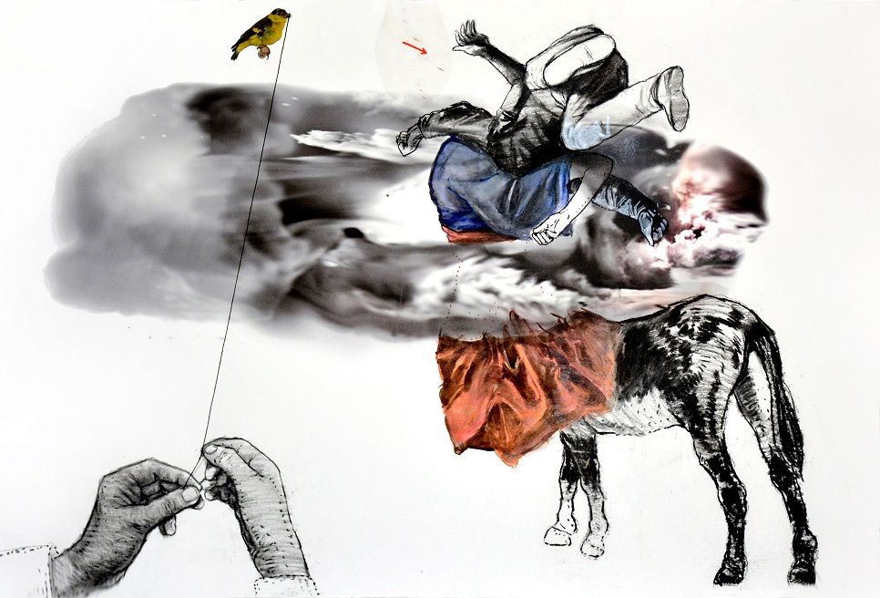 la vallée d'Attar - technique mixte sur paiper et taxidermie marouflé sur bois 75x110 -2019.