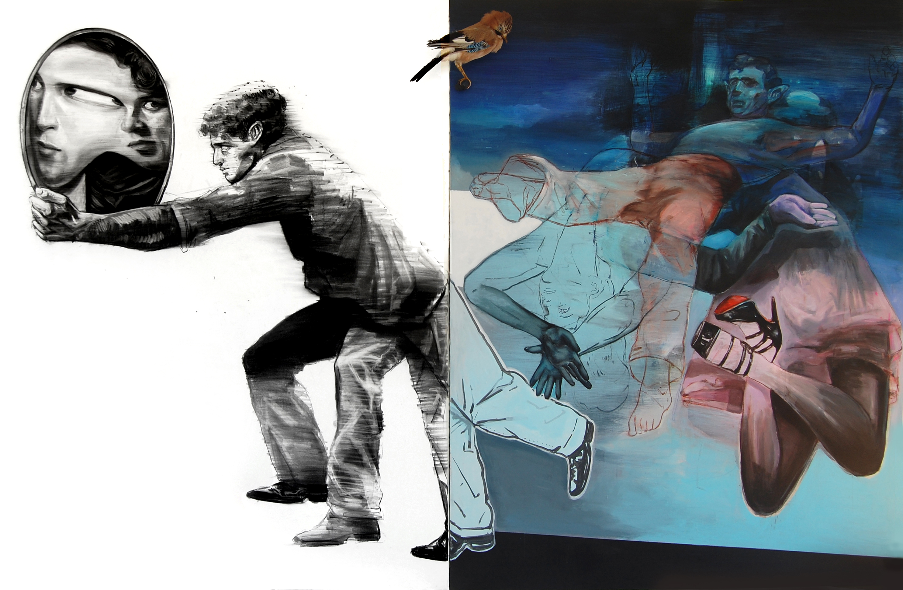 Narcisse Tech.mixte et taxidermie sur toile ( 162x270) 2x162x130 